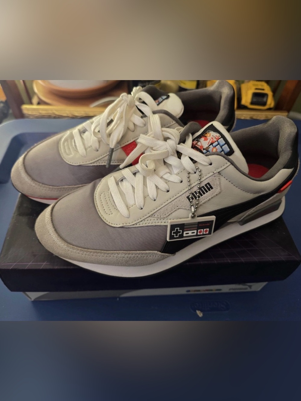 Puma Men's Super Mario Addition White and Black Retro Sneaker with Gaming Patch